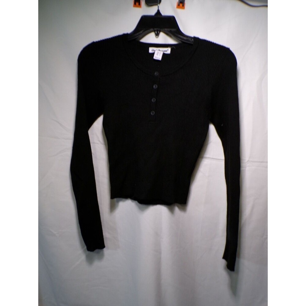 Charlotte Russe Women's Ribbed Henley Crop Top Black Long Sleeve Size S
